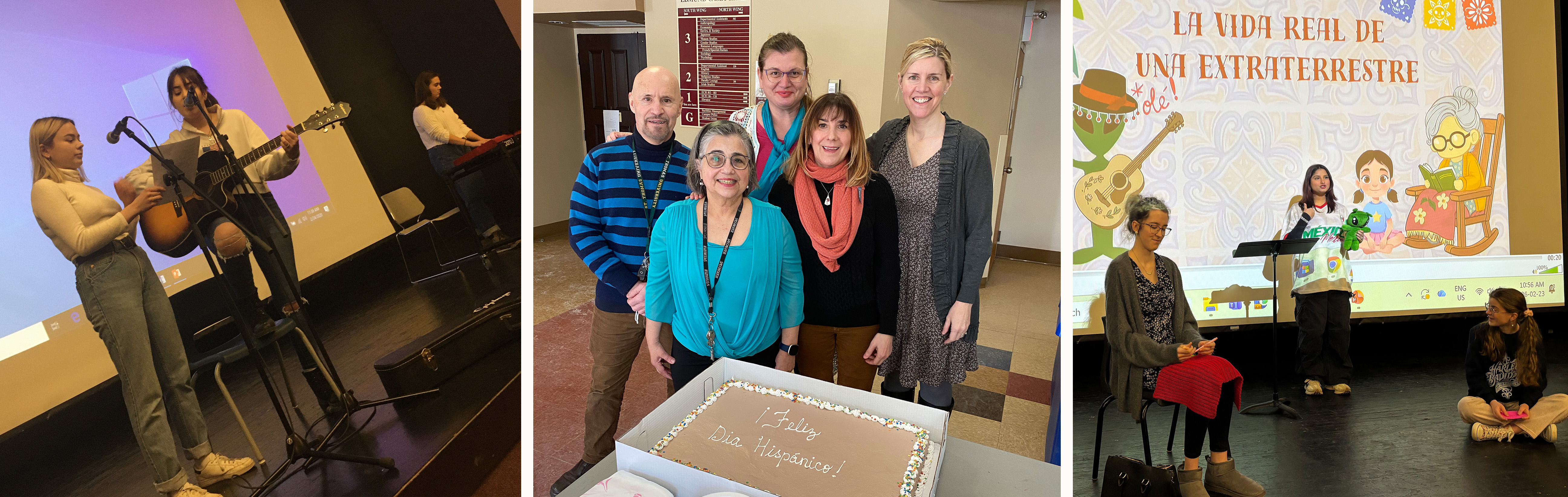 A collage of three photos — one with two students on stage in front of a microphone, one with five faculty members standing behind a cake smiling, and one with three students performing on stage