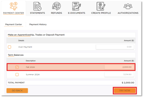 A screen shot of the STU Self Service option to Pay Now
