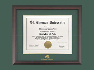 A photo of a St. Thomas University diploma in a STU-branded frame