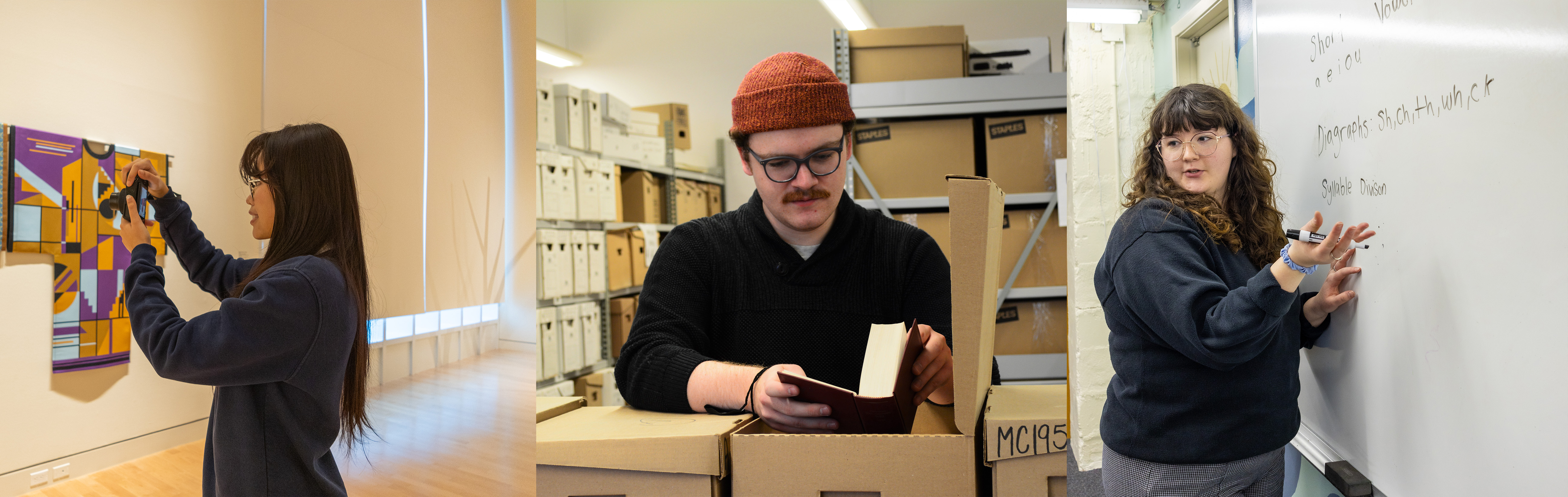Three photos beside one another; one of a female student at an art gallery taking photos, one of a male student in the provincial archives looking at documents, and one of a female student writing on a whiteboard