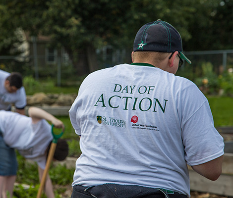 St. Thomas students working in a community garden for annual STU Cares day of volunteering