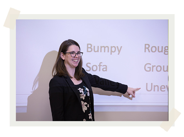 Dr. Sandra Thomson pointing to words on a whiteboard projector