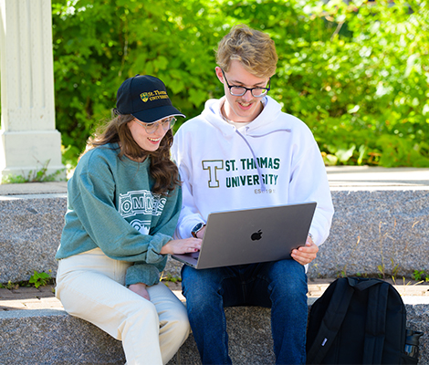 Female and male student outdoors in summer using a laptop